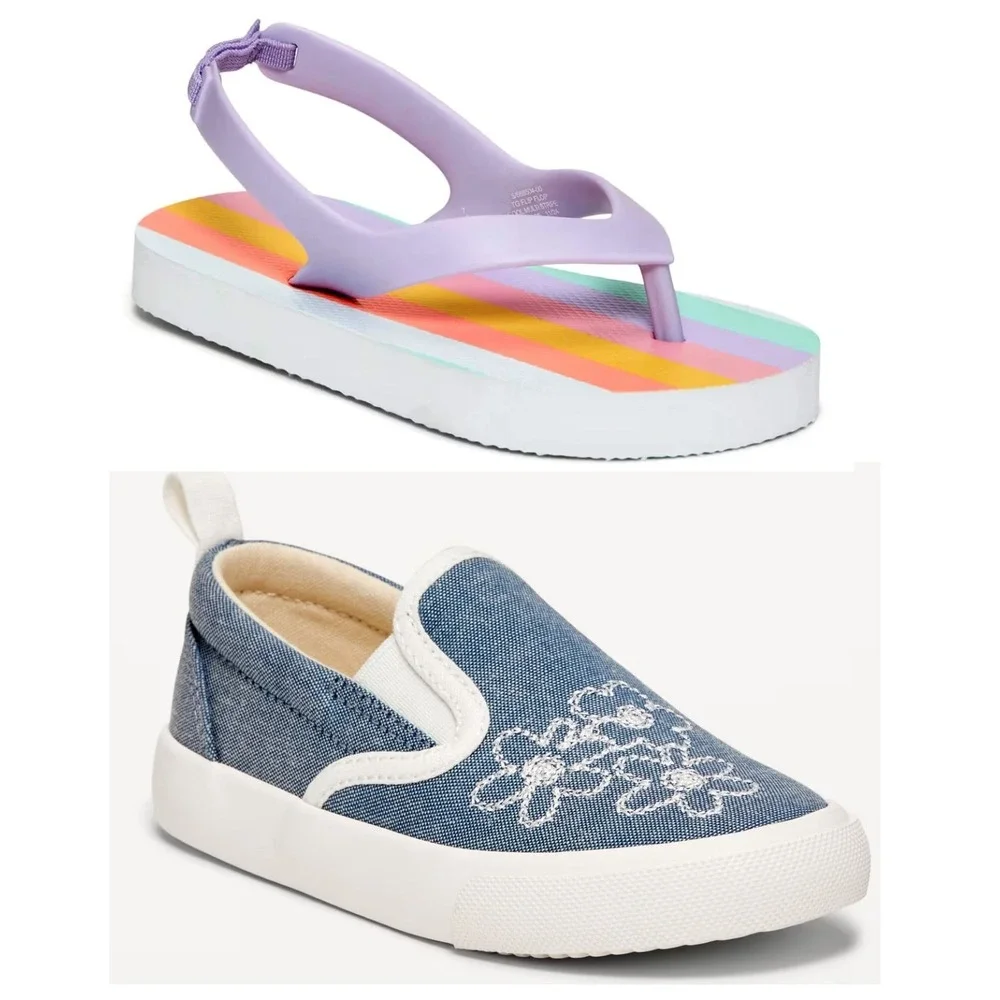 Old Navy 2 Pairs Toddler Girl's Shoes: Canvas Slip-on Sneakers & Flip Flops - 11 - Picture 1 of 2